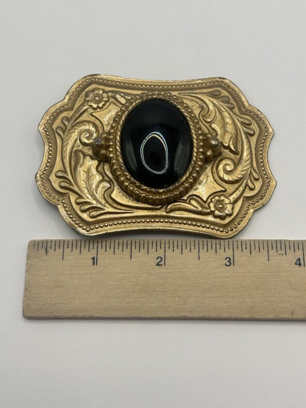 Vintage Gold Tone Belt Buckle Black Cabochon Western Victorian Style Ornate - Picture 2 of 9